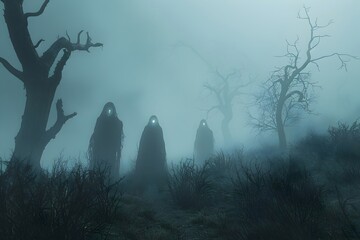 Ghostly Banshee Spirits Haunt Eerie Fog-Shrouded Landscape with Twisted Lifeless Trees in Cinematic Photographic Style