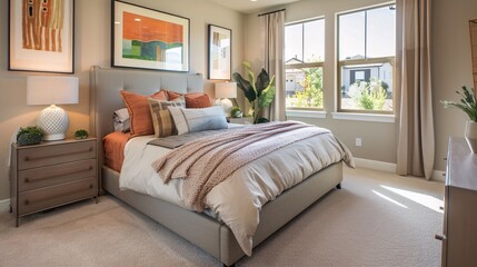 A cozy bedroom with soft lighting, plush bedding, and personal touches like family photos and artwork, creating a peaceful sanctuary for rest and relaxation in a new home