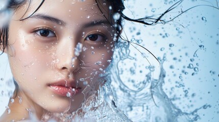 Beautiful Asian woman with clear skin with water splashes on the background