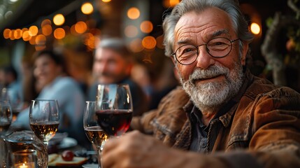 happy elderly man and his son drink wine during a family dinner.image illustration
