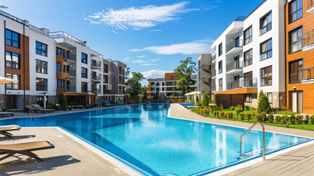 A photo of a modern apartment complex with a swimming pool, fitness center, and other amenities, catering to the needs and desires of contemporary lifestyles