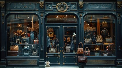 Luxury Parisian shopfront with fashion accessories in boutique window display, luxury, fashion