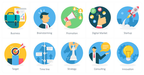 Fototapeta premium A set of 10 business icons as business, brainstorming, promotion