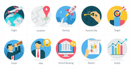 A set of 10 business icons as flight, location, startup