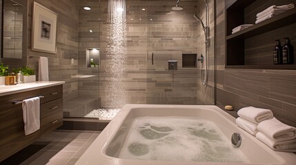 A photo of a modern bathroom with a spa-like atmosphere, featuring a soaking tub, rainfall showerhead, and luxurious amenities for ultimate relaxation