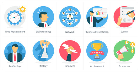 A set of 10 business icons as time management, brainstorming, network