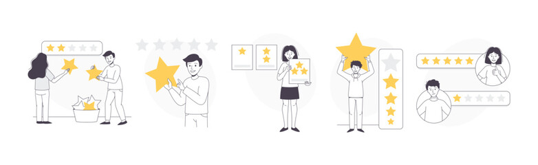 Feedback and Customer Review with People Character with Star Rating Service Vector Set