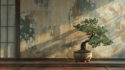 Japanese-style stucco molding on the wall, bonsai