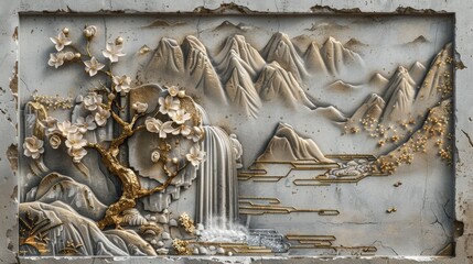 Volumetric stucco molding  Japanese landscape on a wall with golden elements