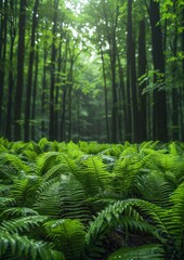 Fototapeta premium Lush green ferns in a forest, depicting tranquility and freshness. without logo and without watermark 