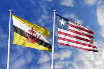 3d illustration. Brunei and Liberia Flag waving in sky. High detailed waving flag. 3D render. Waving in sky. Flags fluttered in the cloudy sky.