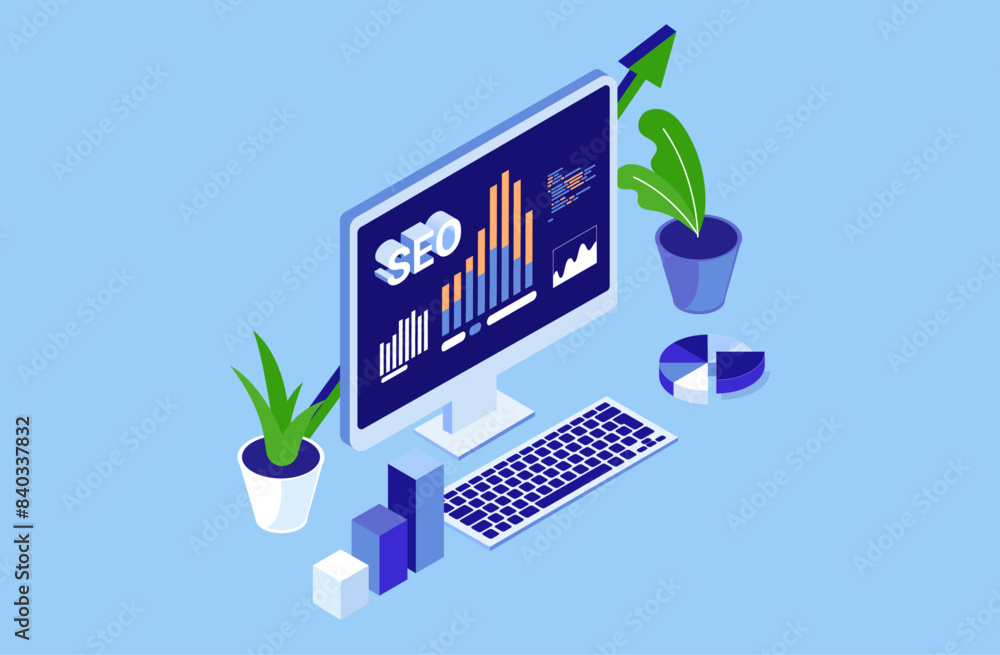 Leinwandbilder SEO analytics on computer screen - Search engine optimisation work concept vector illustration of desktop PC with graphs, charts and diagrams in isometric view and blue background