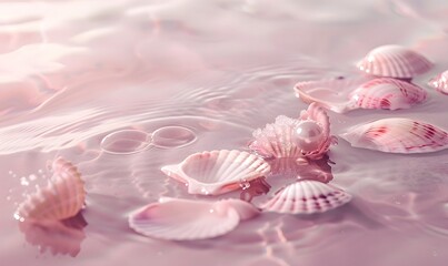 pearl and Crystal shells floating in a pool of water, Generative AI