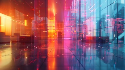 Naklejka premium Innovative Holographic Sales Pitch with Vibrant Color Spectrum and Abstract Data Sculptures