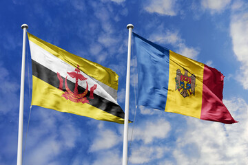 3d illustration. Brunei and Moldova Flag waving in sky. High detailed waving flag. 3D render. Waving in sky. Flags fluttered in the cloudy sky.
