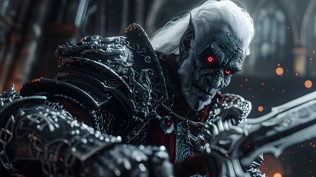 Imposing White-Maned Vampire Warlord Wielding Deadly Obsidian-Hued Glaive in Dominating Pose