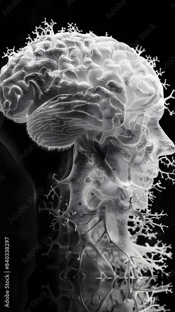 Wall mural Intricate Brain Visualization:Vibrant Neural Networks in High-Contrast Monochrome