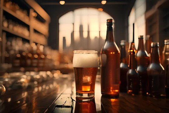 Oktoberfest assortment beer glasses, bottle on wooden table in pub, AI Generative.