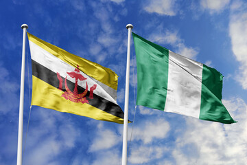 3d illustration. Brunei and Nigeria Flag waving in sky. High detailed waving flag. 3D render. Waving in sky. Flags fluttered in the cloudy sky.