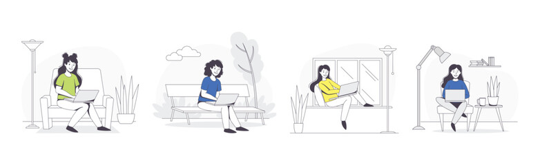 Freelance Remote Working Young Woman with Laptop Outline Vector Set