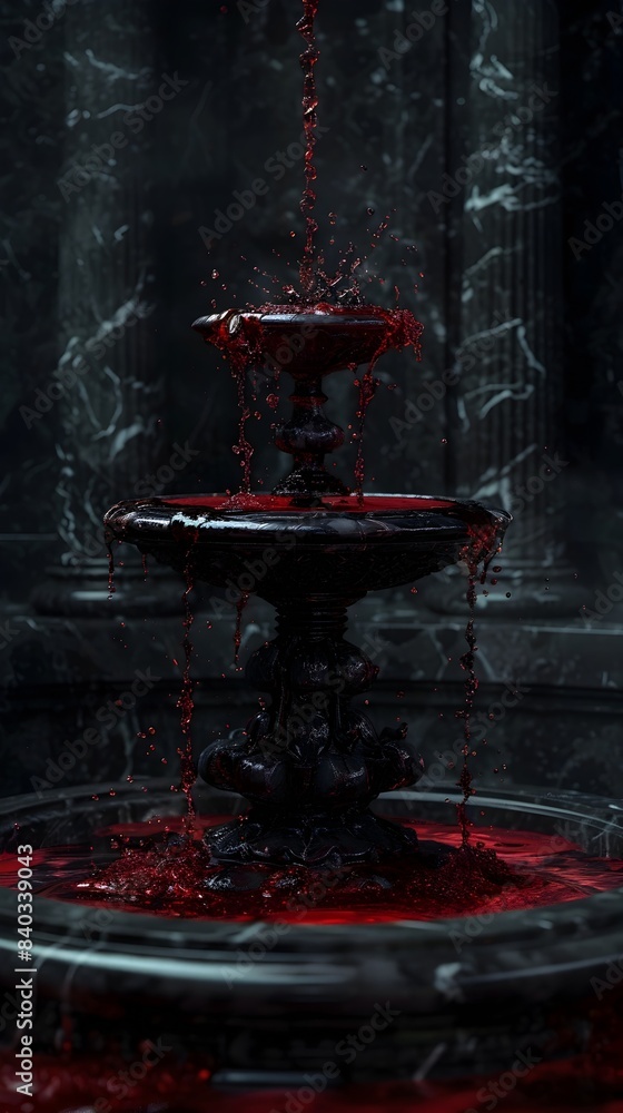 Wall mural Majestic Marble Fountain Overflowing with Scarlet Wine in Haunting Baroque-Gothic Setting