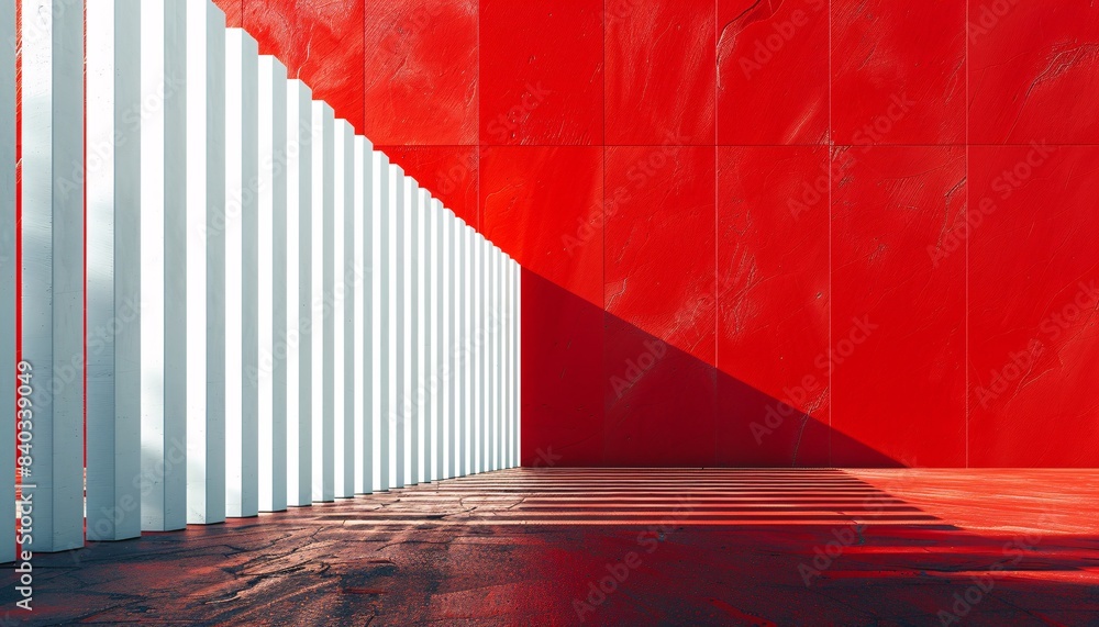 Poster modern architectural design with bold red wall and white columns creating dynamic shadows in sunligh