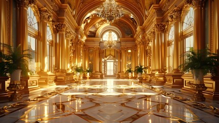 Fototapeta premium Majestic Golden Mansion with Ornate Design Elements and Gleaming Surfaces in Cinematic Photographic Style