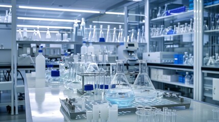 Laboratory workbench with glassware: test tubes, beakers, flasks, cylinders