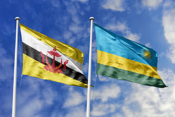3d illustration. Brunei and Rwanda Flag waving in sky. High detailed waving flag. 3D render. Waving...