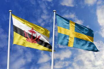3d illustration. Brunei and Sweden Flag waving in sky. High detailed waving flag. 3D render. Waving in sky. Flags fluttered in the cloudy sky.