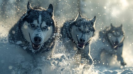 Dynamic Action Shot of Siberian Huskies Running Through Snow in Winter Landscape with Intense Expressions and Snowflakes Flying