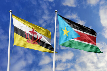 3d illustration. Brunei and South Sudan Flag waving in sky. High detailed waving flag. 3D render....