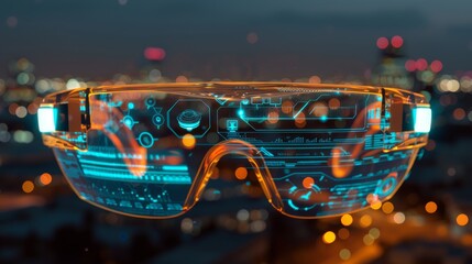 A pair of smart glasses with an augmented reality AR interface overlays digital data displays against a blurred cityscape at night.