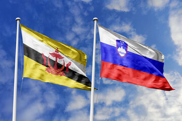 3d illustration. Brunei and Slovenia Flag waving in sky. High detailed waving flag. 3D render. Waving in sky. Flags fluttered in the cloudy sky.