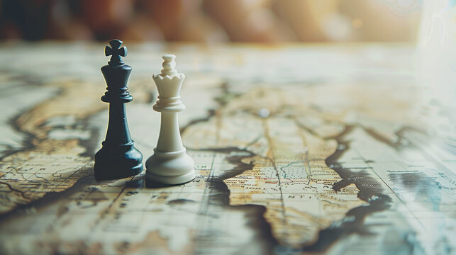 Geopolitical Strategy. Chess Pieces on a World Map Symbolizing Global Tensions