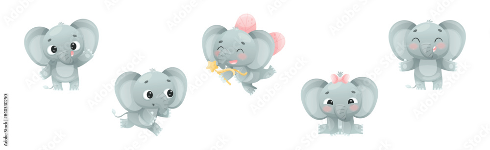 Poster funny grey elephant with large ear flaps and trunk enjoying different activity vector set