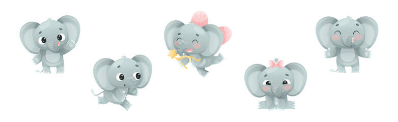Funny Grey Elephant with Large Ear Flaps and Trunk Enjoying Different Activity Vector Set