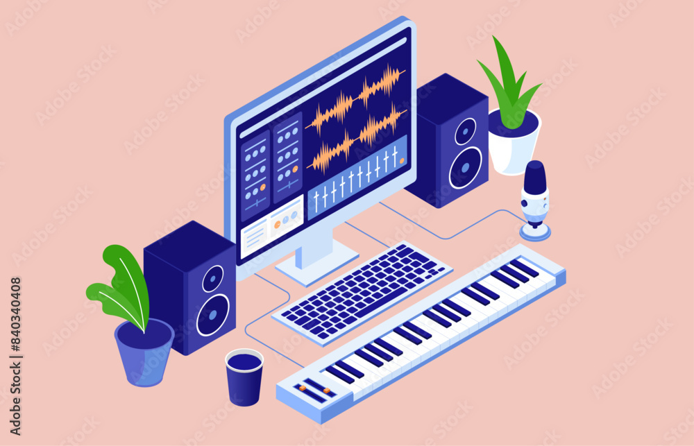 Poster music and audio production on computer screen - pc desktop in isometric view with speakers, micropho