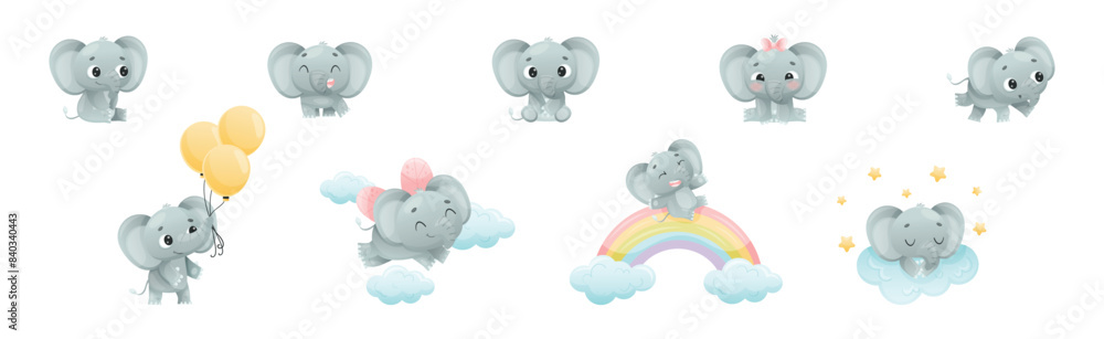 Poster funny grey elephant with large ear flaps and trunk enjoying different activity vector set