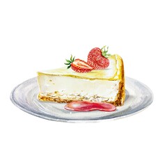 Cheesecake with strawberries on a saucer. Watercolor illustration isolated on white background. Birthday cards, invitations, menus, banners, posters.