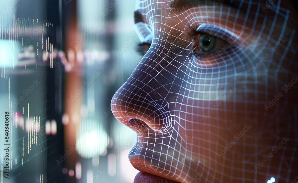 Poster a close-up of a person's face with a digital grid overlay, highlighting the connection between human