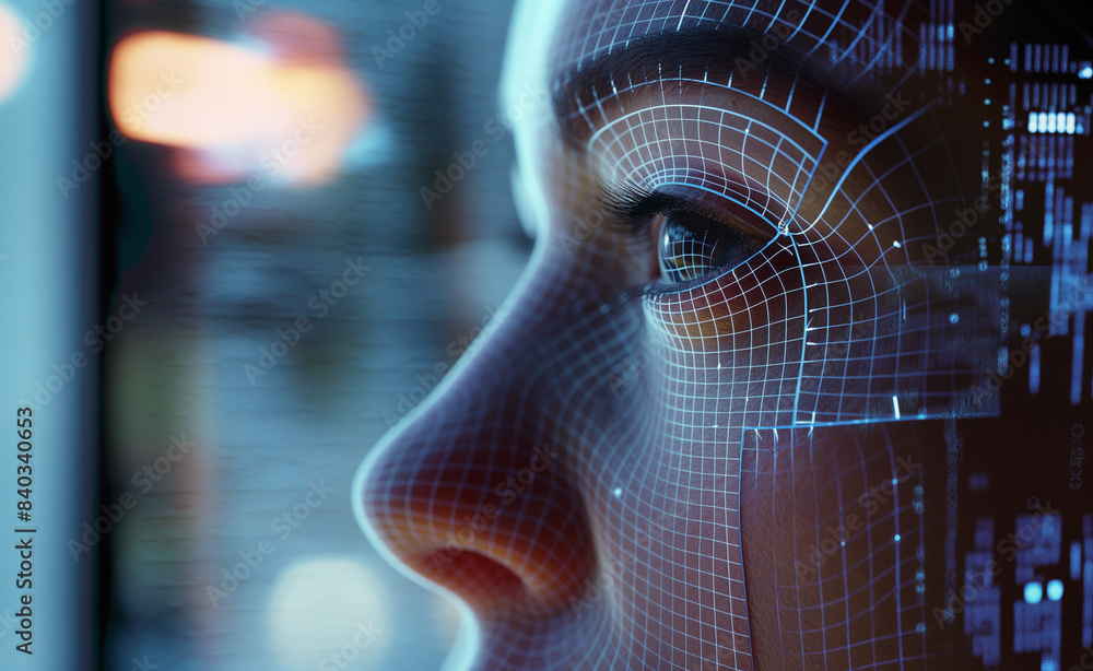 Poster a close-up of a person's face with a digital grid overlay, highlighting the connection between human
