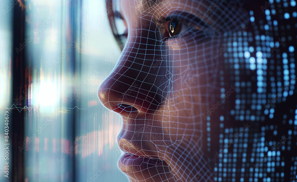 Poster a close-up of a person's face with a digital grid overlay, highlighting the connection between human