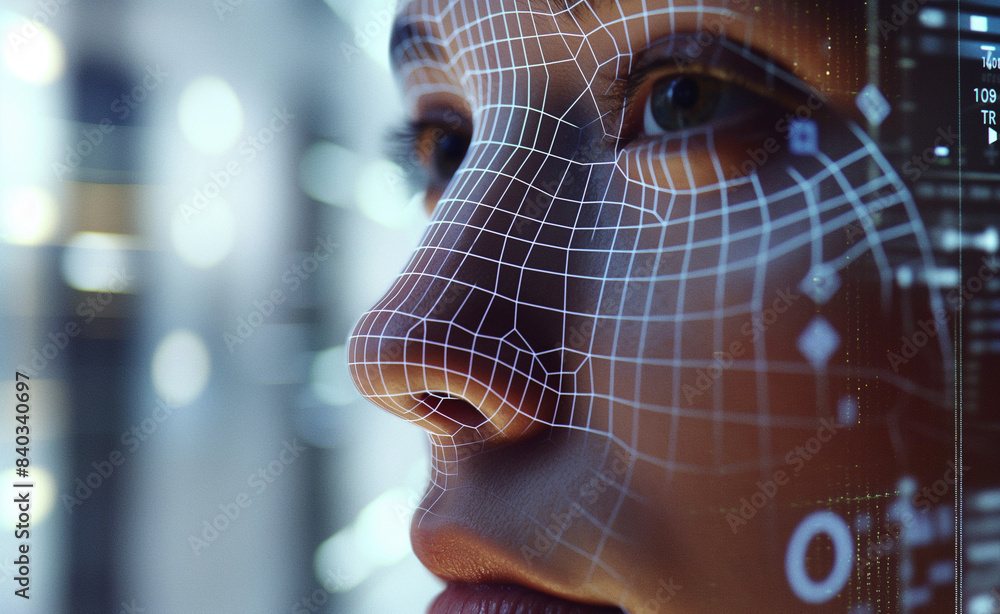 Poster a close-up of a person's face with a digital grid overlay, highlighting the connection between human