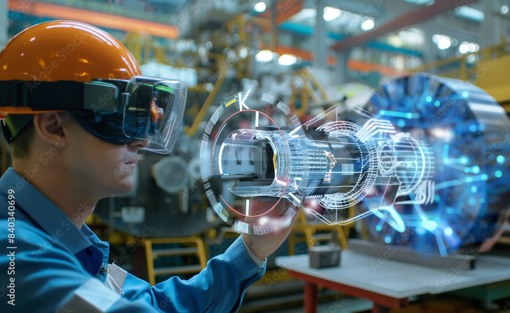 Poster an engineer using augmented reality glasses to inspect machinery in a factory, showcasing the applic