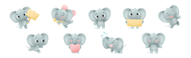 Funny Grey Elephant with Large Ear Flaps and Trunk Enjoying Different Activity Vector Set