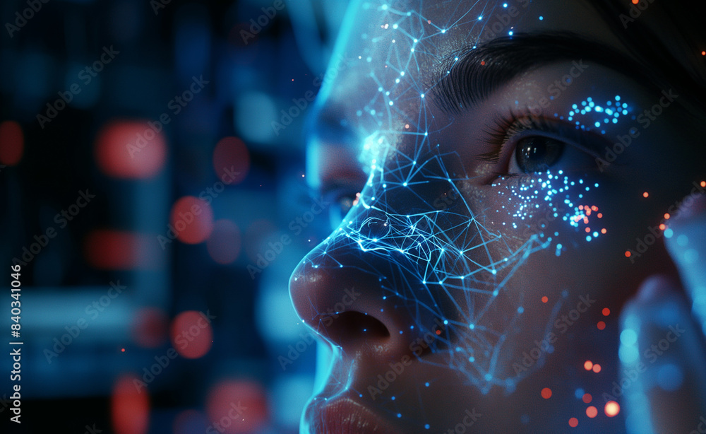Poster a close-up of a woman's face overlaid with a digital network, symbolizing the integration of human a