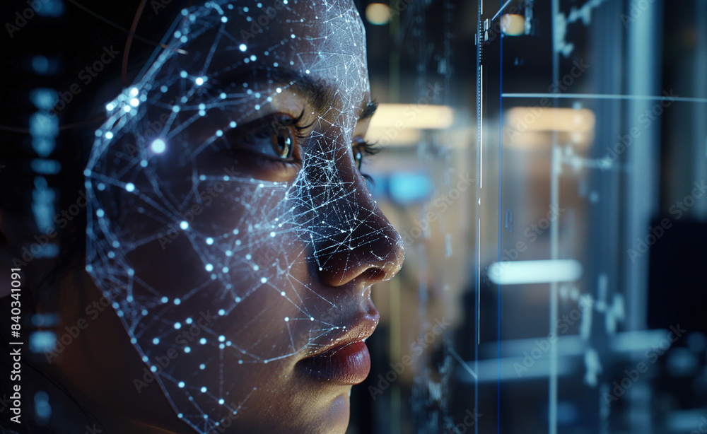Poster a close-up of a woman's face overlaid with a digital network, symbolizing the integration of human a