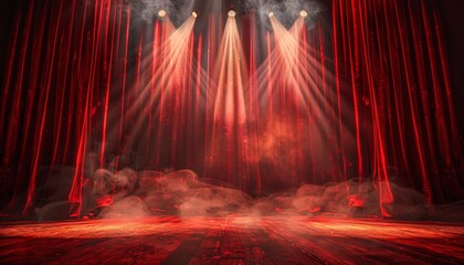 Dramatic Theater Stage with Red Curtains and Spotlights Illuminating the Wooden Floor, Creating a Mystical Atmosphere with Smoke Effects