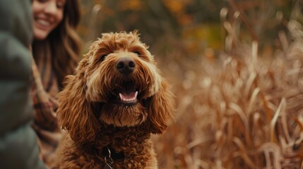 Fototapeta premium Labradoodle smiles in a close-up. happy looking brown dog with curly fur